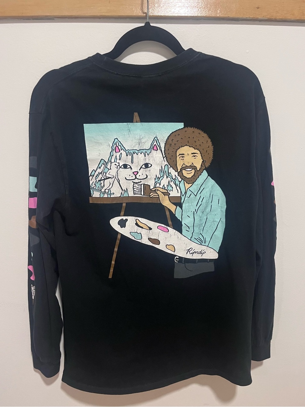 RIPNDIP Bob Ross Long Sleeve Shirt Mens Medium Black Cat Skate Streetwear